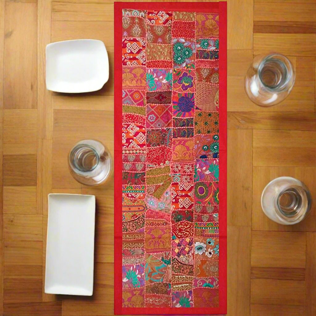 Red Embroidered Patchwork Tapestry Table runner