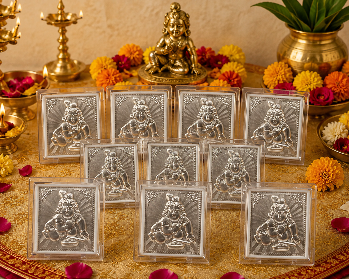 German Silver Ladoo Gopal, Baal Krishna Photo Stand For Puja Gifts, Indian Return Gifts For Guests