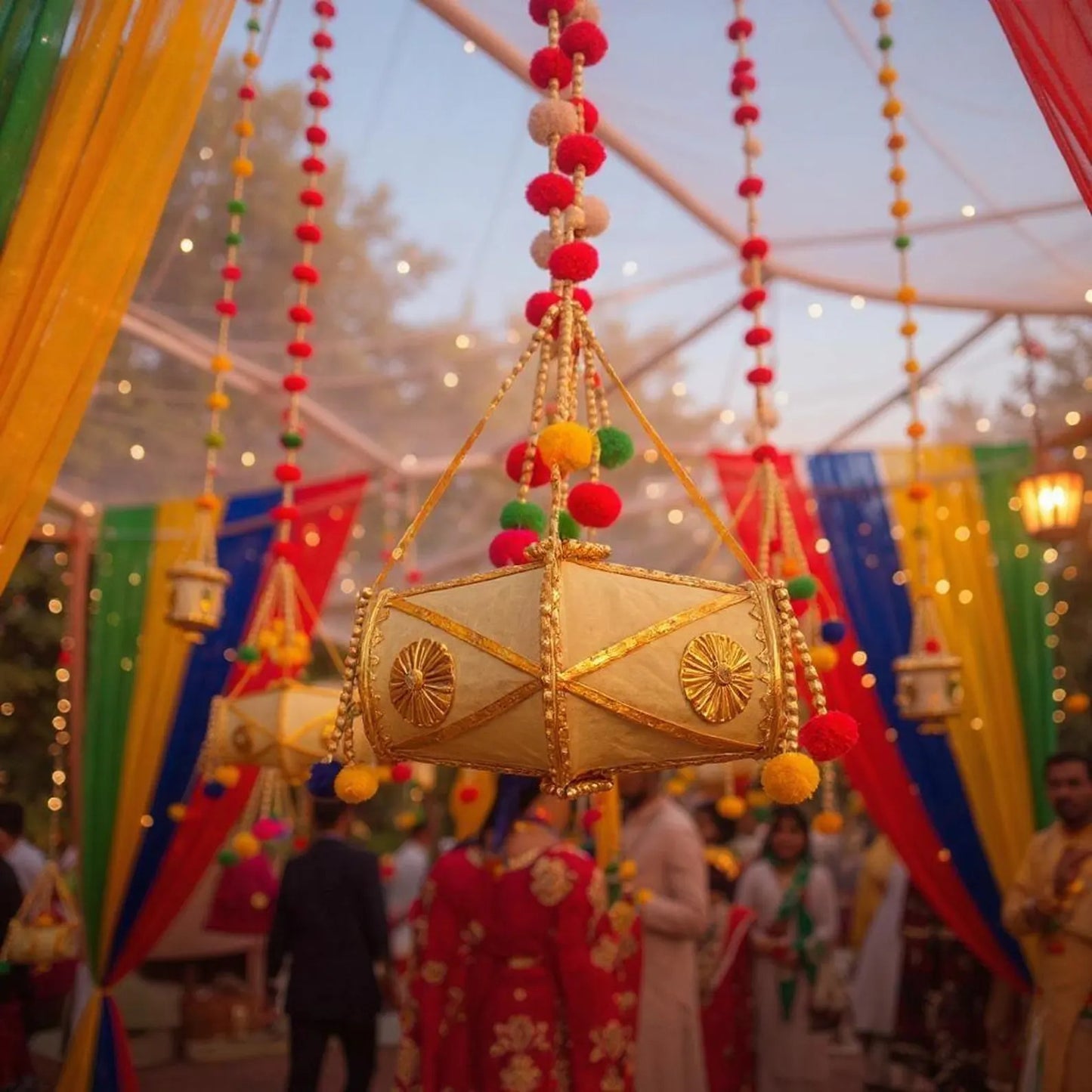 Decorative hanging lantern with colorful beads against a festive background