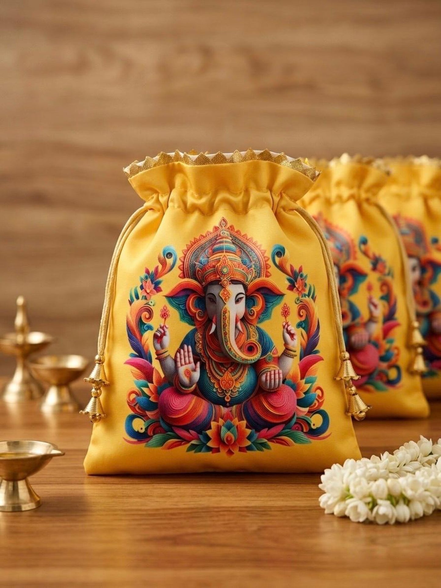 Ganpati Multicolor Potli Bags, Wedding Favors, Puja Gift For Guests