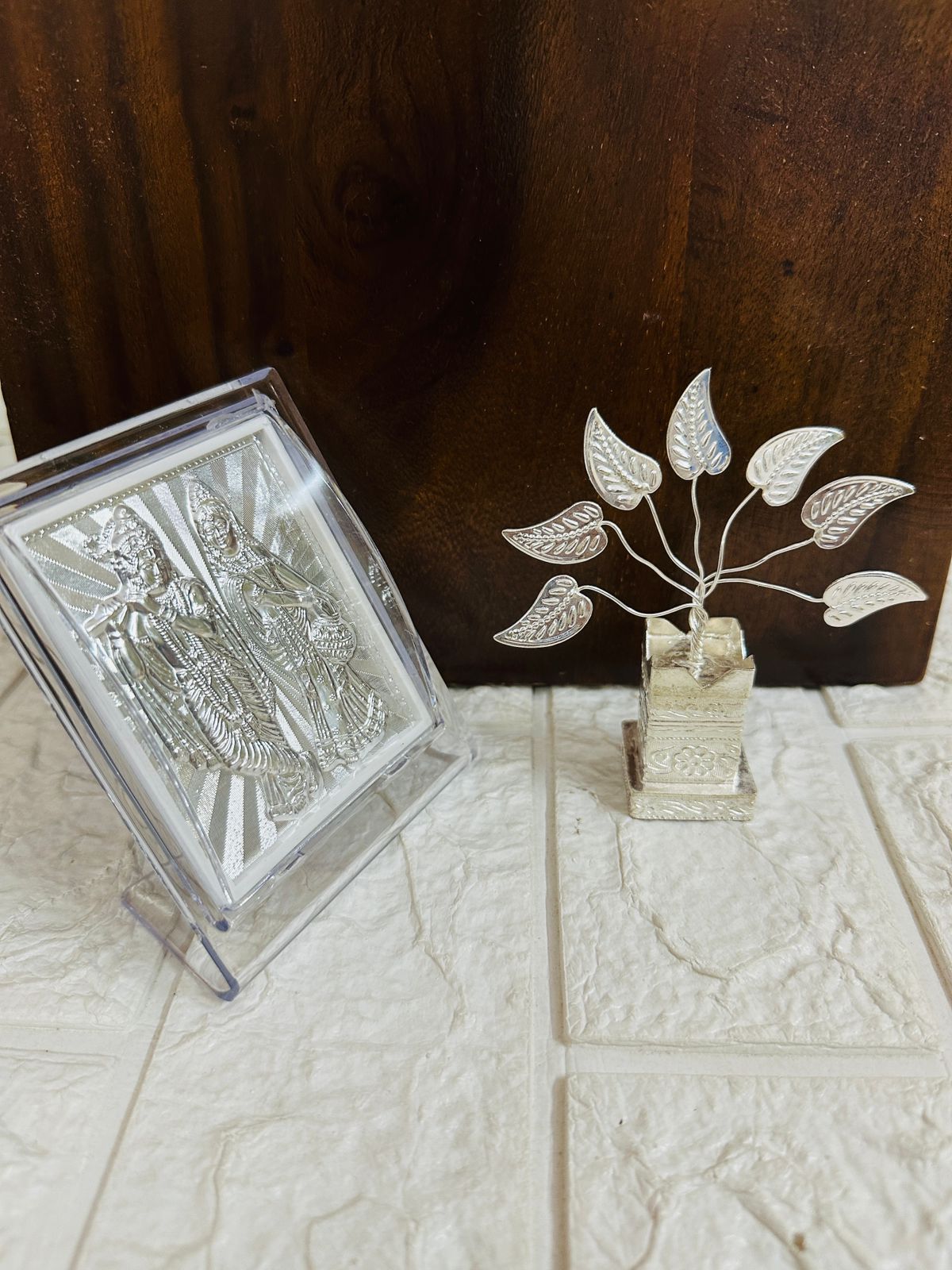 German Silver Radha Krishna Photo Frame & Tulsi Plant Combo For Return Gifts
