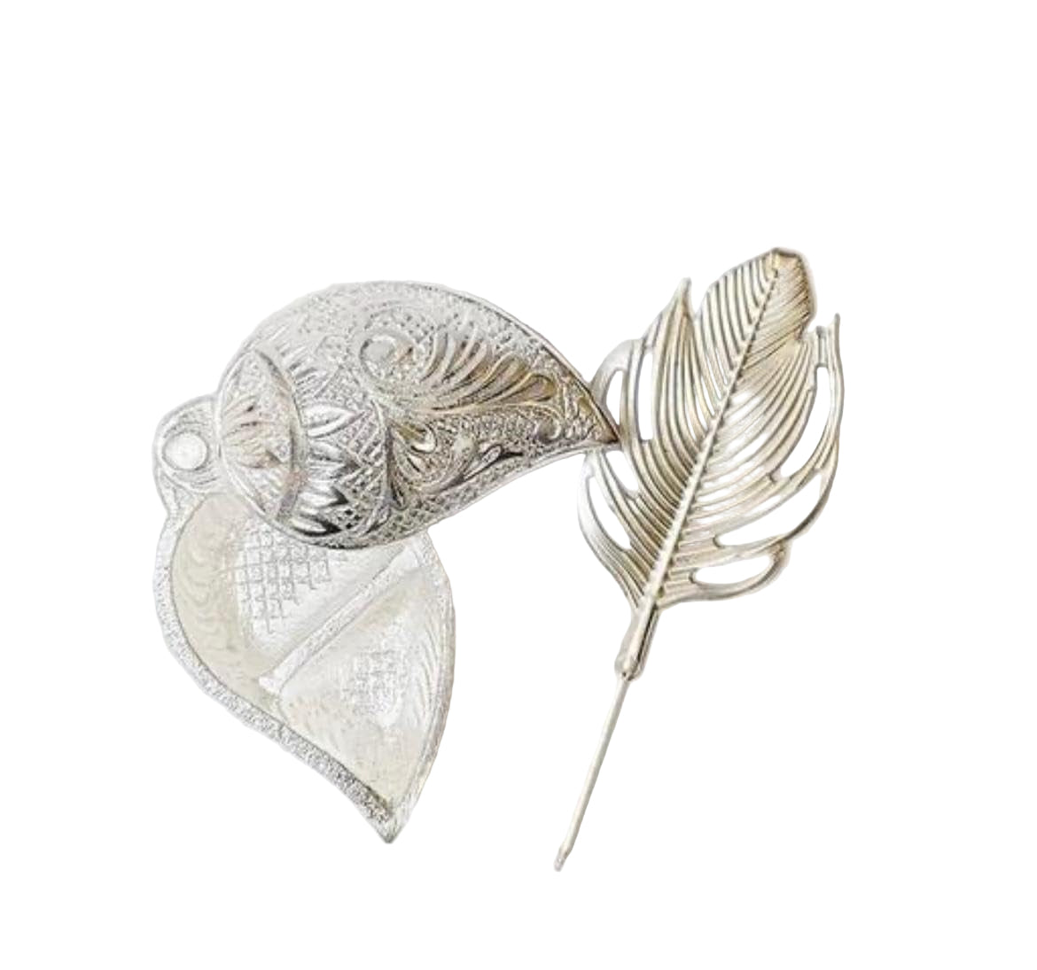 Silver brooches shaped like a heart, a sphere, and a leaf on a light gray background