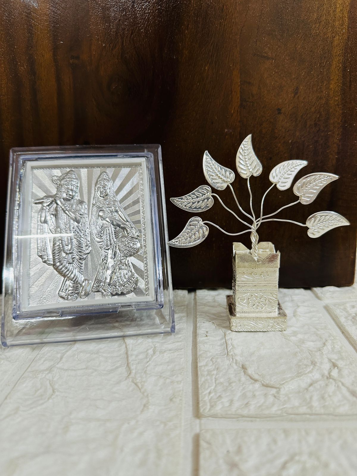 German Silver Radha Krishna Photo Frame & Tulsi Plant Combo For Return Gifts