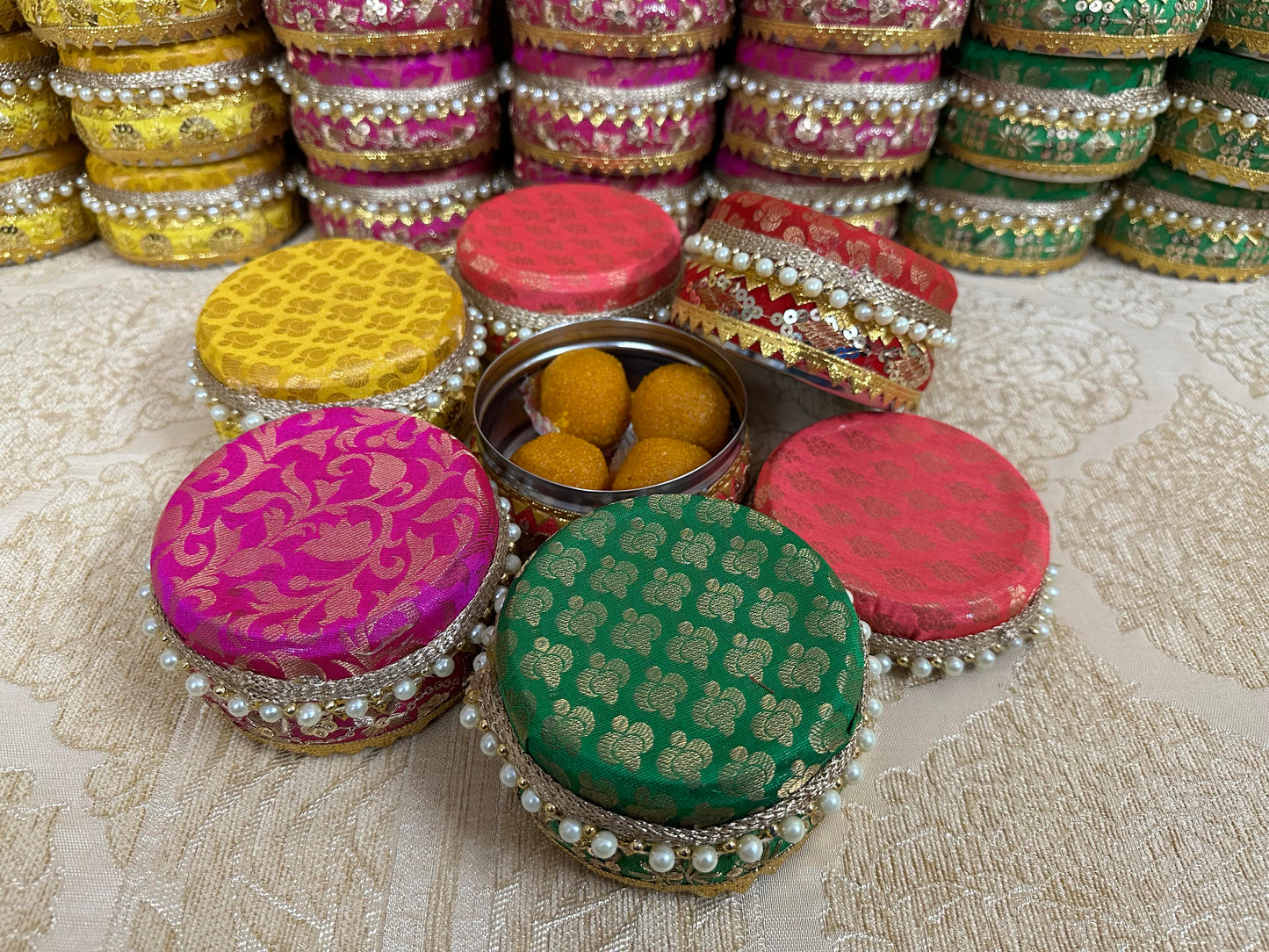Brocade Steel Ladoo Boxes, Sweet Box, Mithai Box, Wedding Gifts For Guests