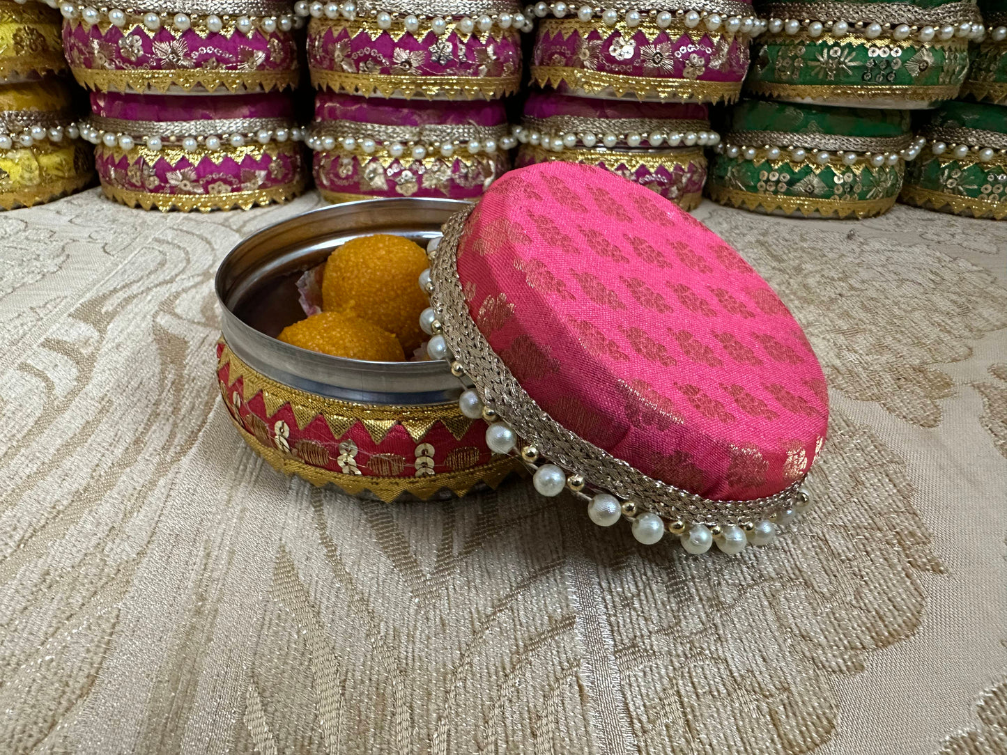 Brocade Steel Ladoo Boxes, Sweet Box, Mithai Box, Wedding Gifts For Guests