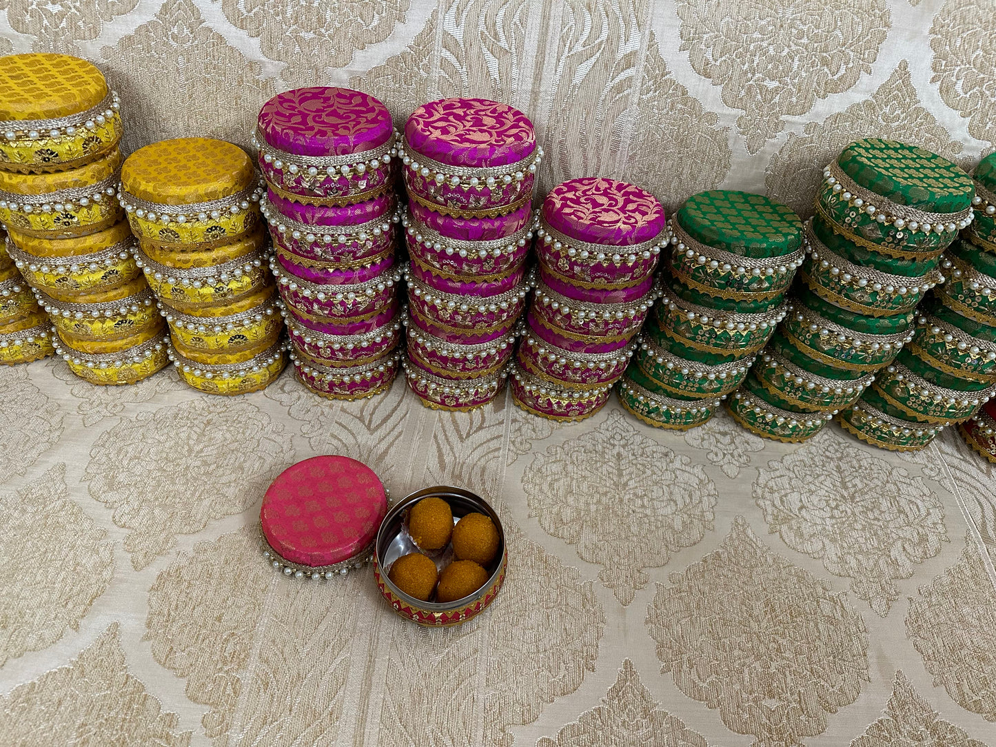 Brocade Steel Ladoo Boxes, Sweet Box, Mithai Box, Wedding Gifts For Guests