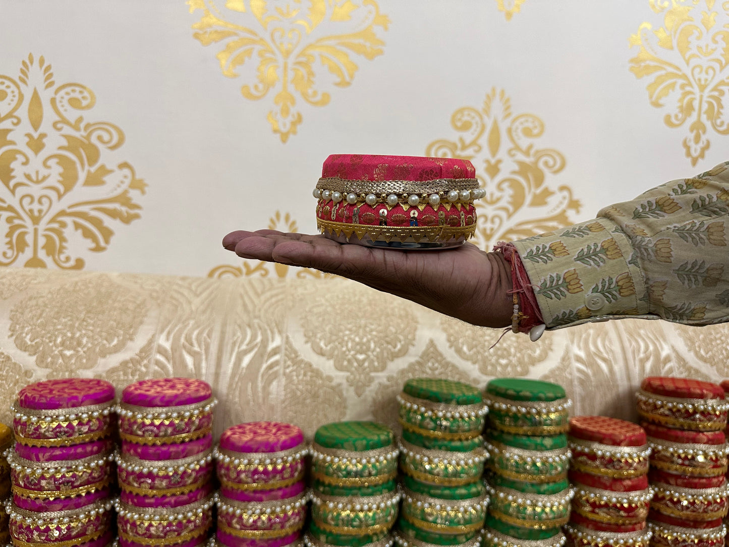 Brocade Steel Ladoo Boxes, Sweet Box, Mithai Box, Wedding Gifts For Guests