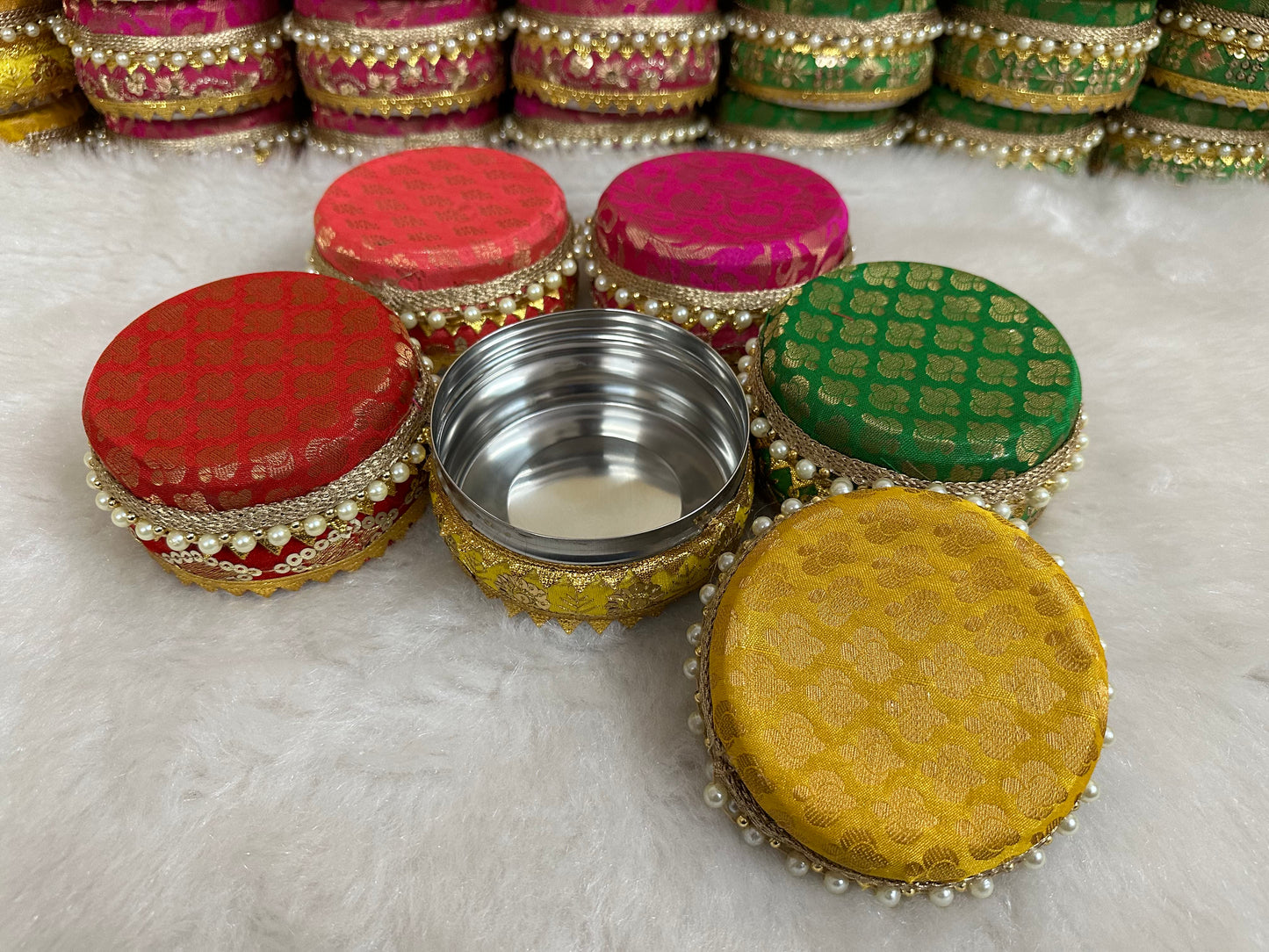 Brocade Steel Ladoo Boxes, Sweet Box, Mithai Box, Wedding Gifts For Guests