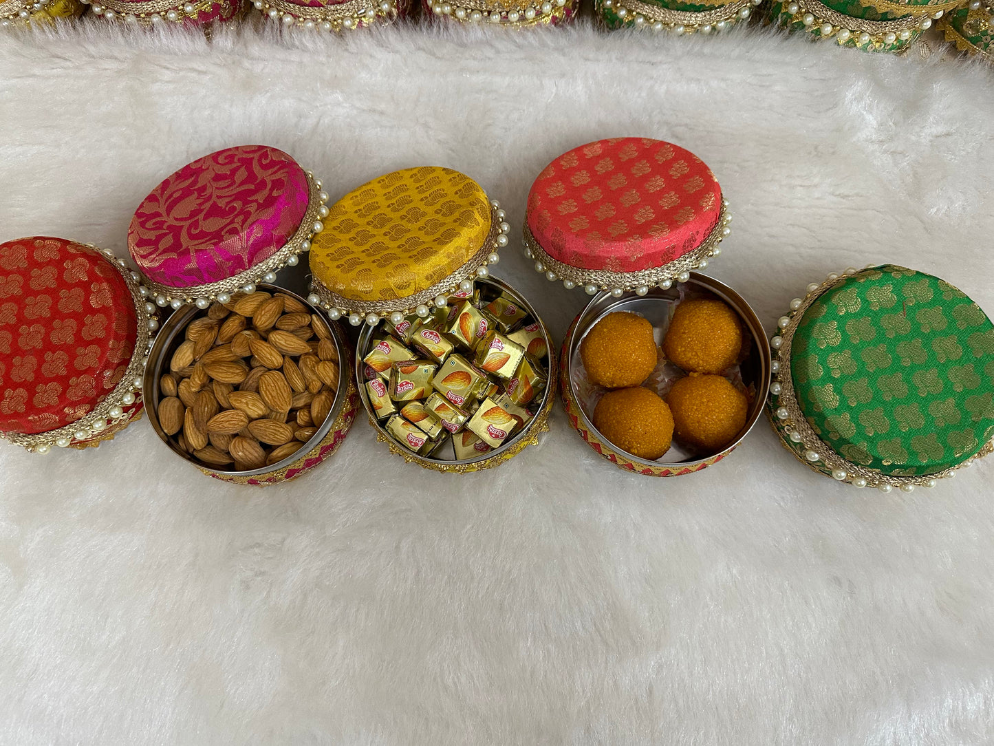 Brocade Steel Ladoo Boxes, Sweet Box, Mithai Box, Wedding Gifts For Guests