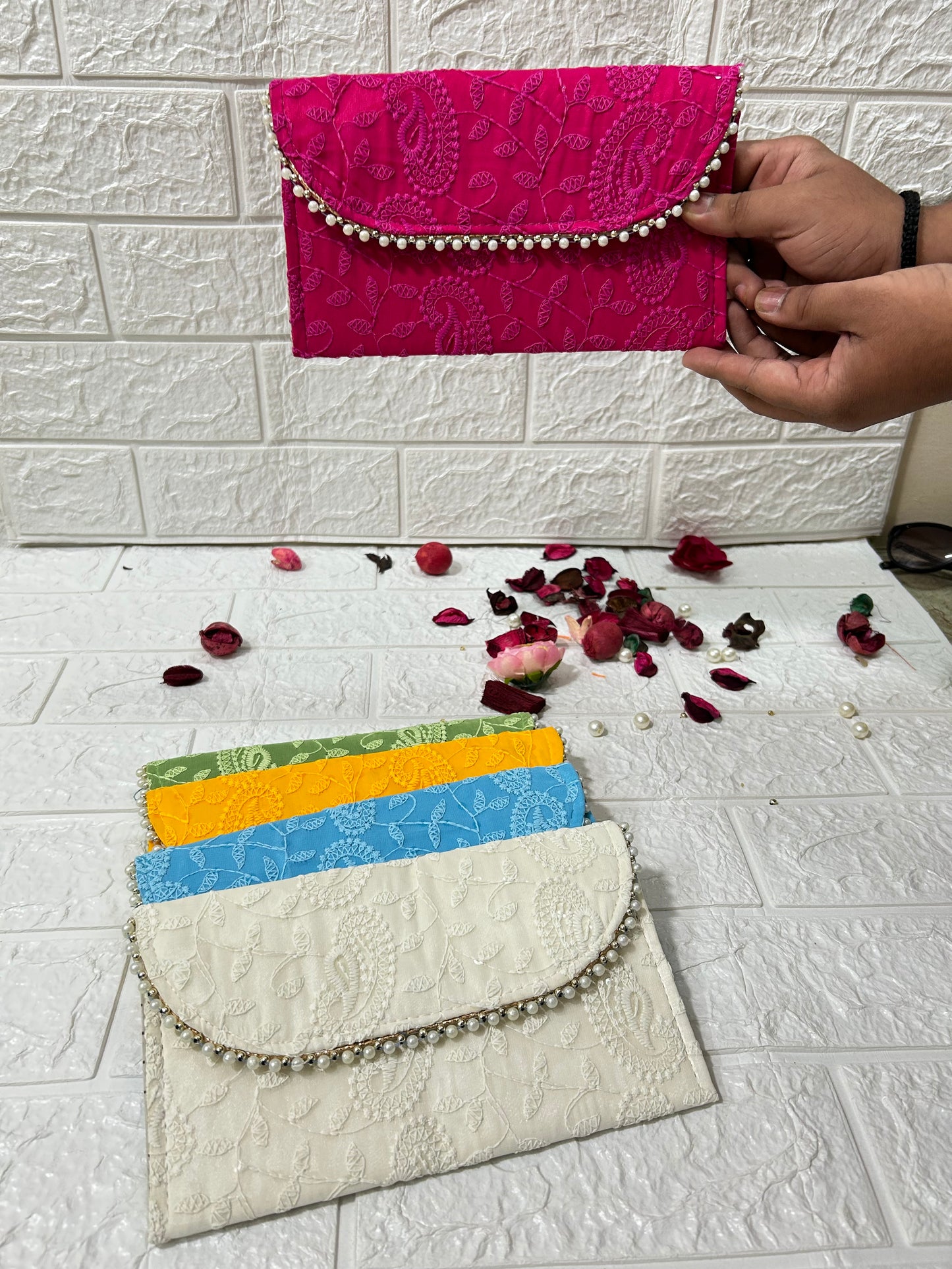 50 Pieces Chikankari Clutch Purse Women's Return Gifts, Mehndi, Sangeet, Dholki Gifts For Guests