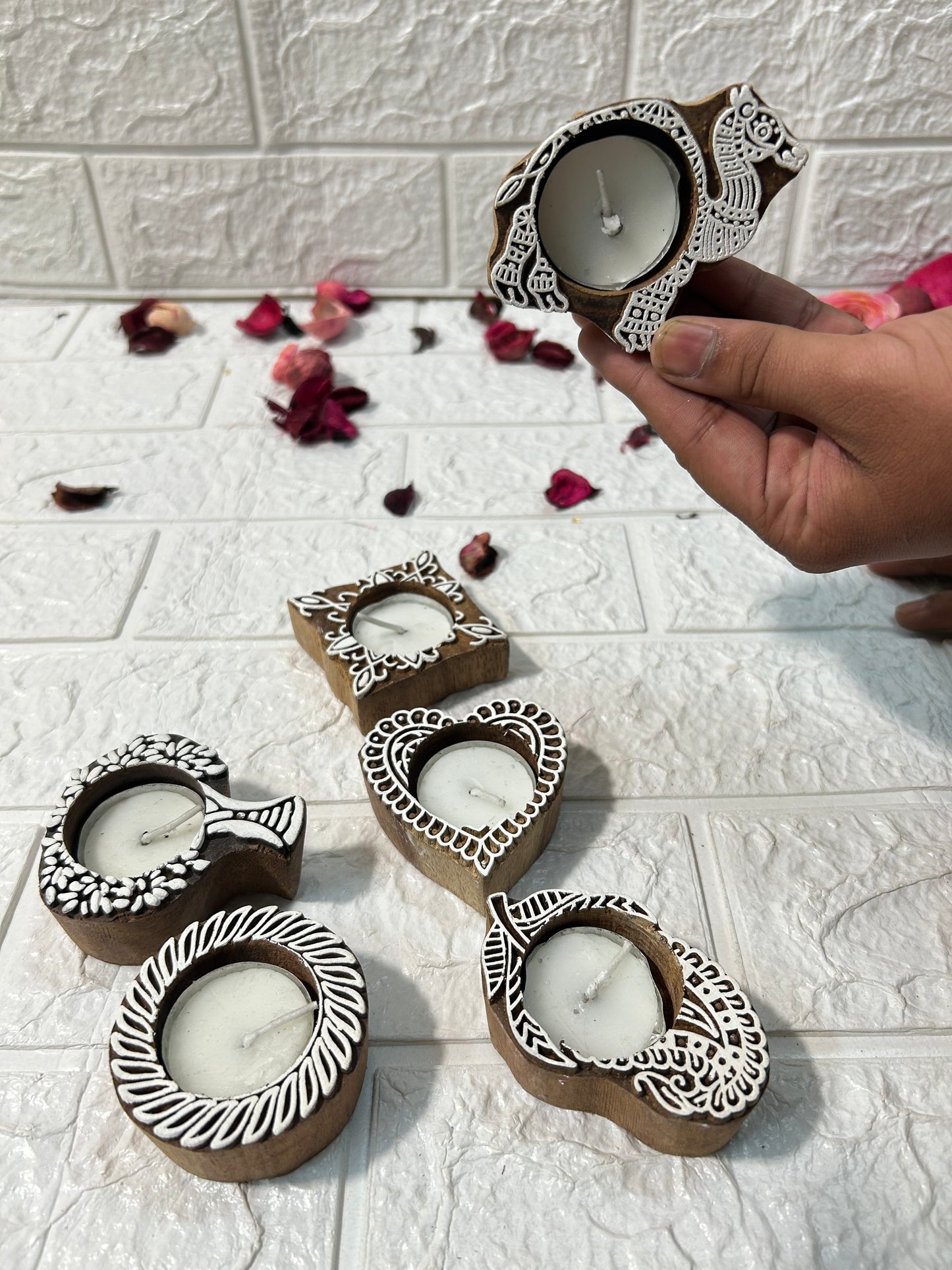 Wooden Handblock Candle Holders Diwali Decor Return Gifts, Housewarming Gifts, Mehndi Favors, Diwali Party Gifts For Guests