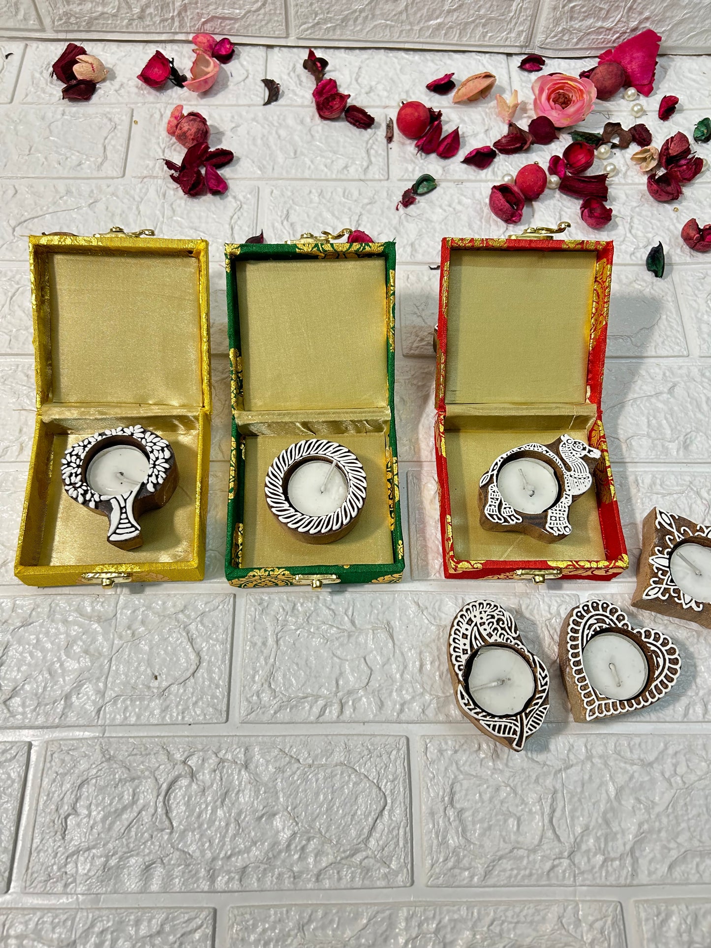 Set Of Box & Wooden Block T-Light Candle Holder For Gifts