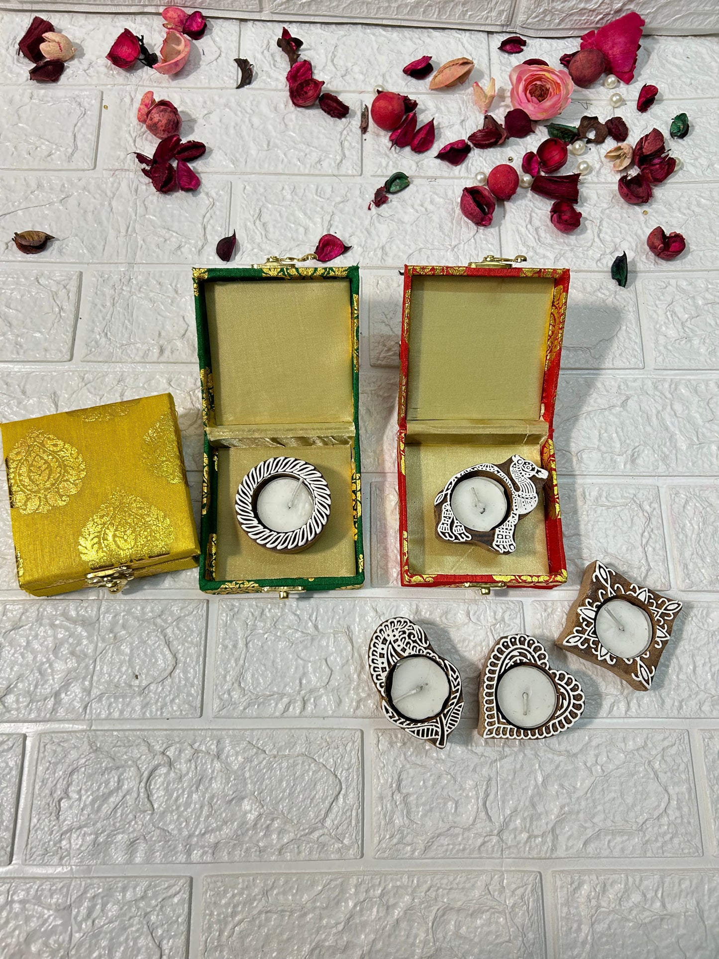 Set Of Box & Wooden Block T-Light Candle Holder For Gifts