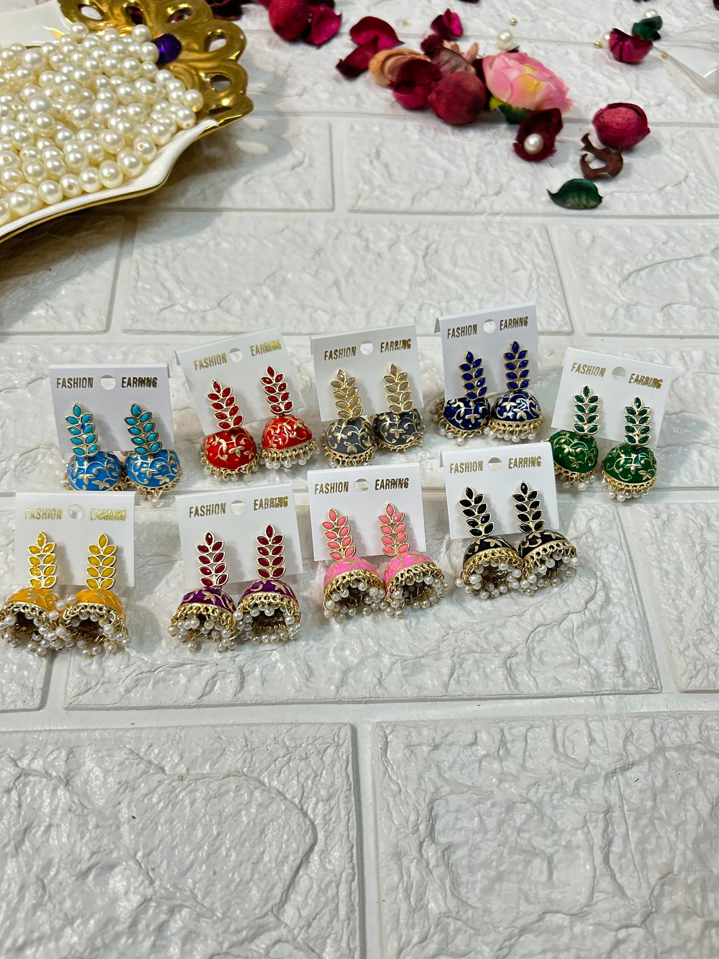 Pack Of 10-100 Pairs Leaf Stone Meenakari Jhumki Earrings Wedding Giveaway, Bridesmaid Gifts, Mehndi Party Gifts For Guests