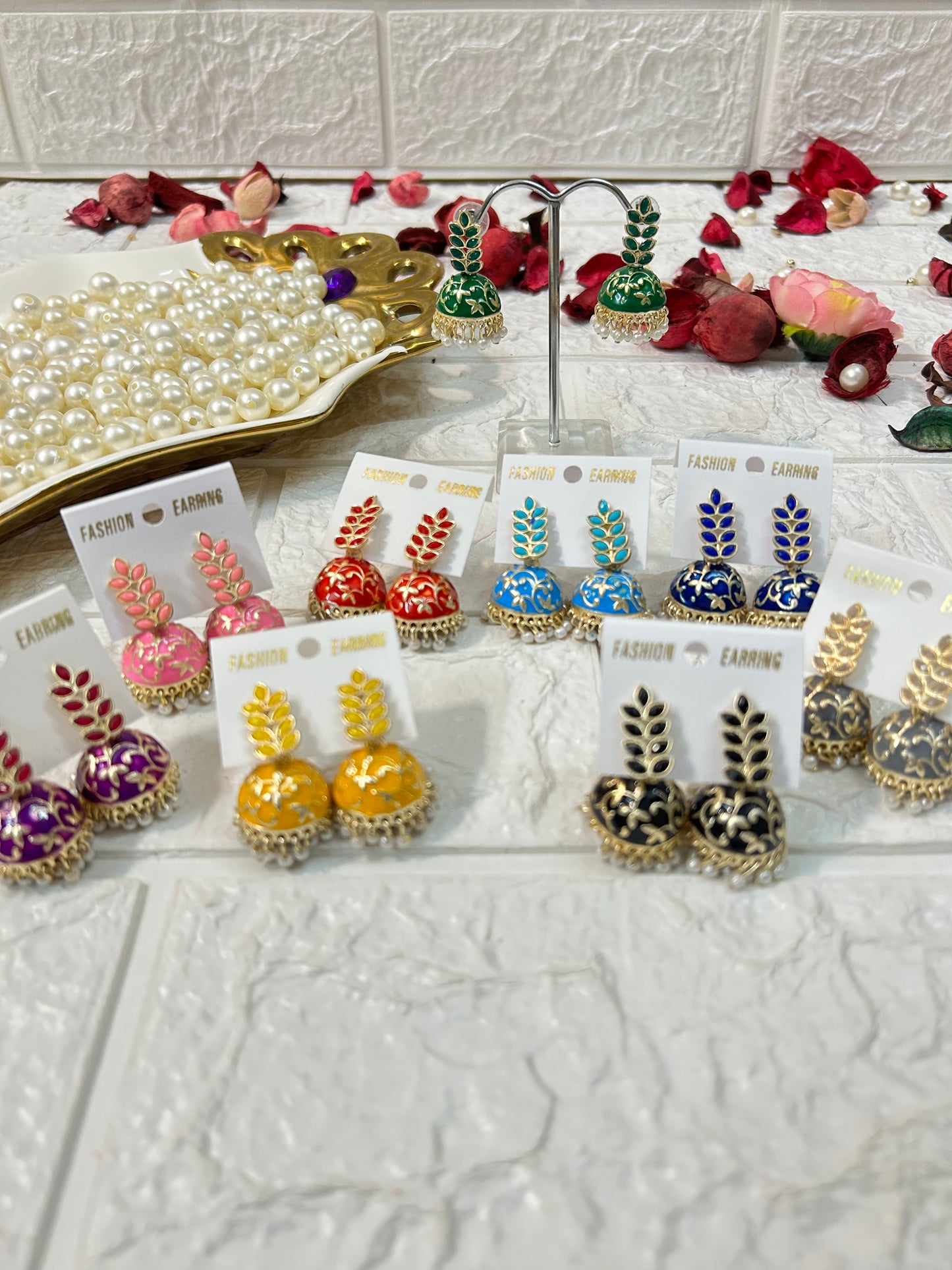 Pack Of 10-100 Pairs Leaf Stone Meenakari Jhumki Earrings Wedding Giveaway, Bridesmaid Gifts, Mehndi Party Gifts For Guests