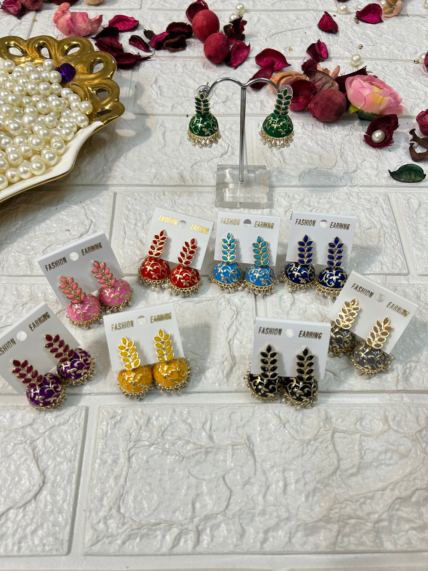 Pack Of 10-100 Pairs Leaf Stone Meenakari Jhumki Earrings Wedding Giveaway, Bridesmaid Gifts, Mehndi Party Gifts For Guests