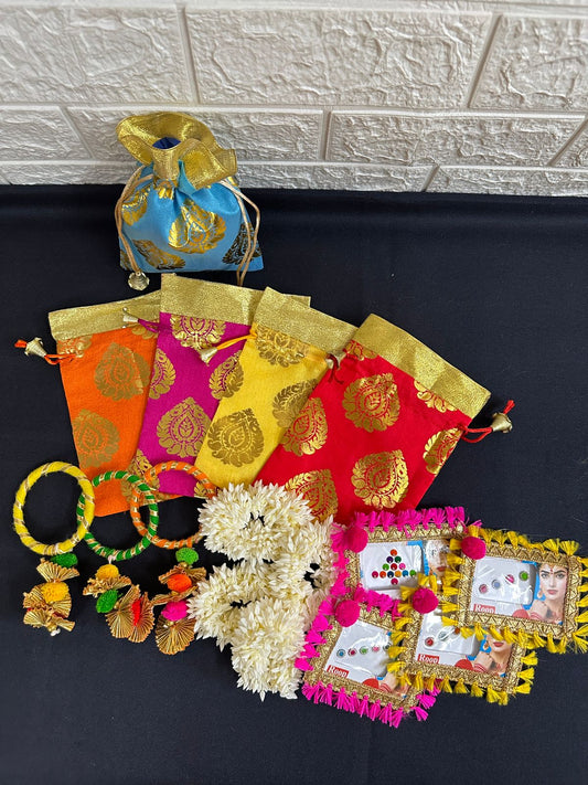 Potli Bag, Gota Bangle, Gajra & Bindi Combo Mehndi Haldi Gifts, Sangeet Favors