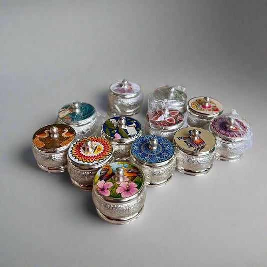 German Silver Mix Designs Dibbi, Roli Kumkum Box, Puja Gifts