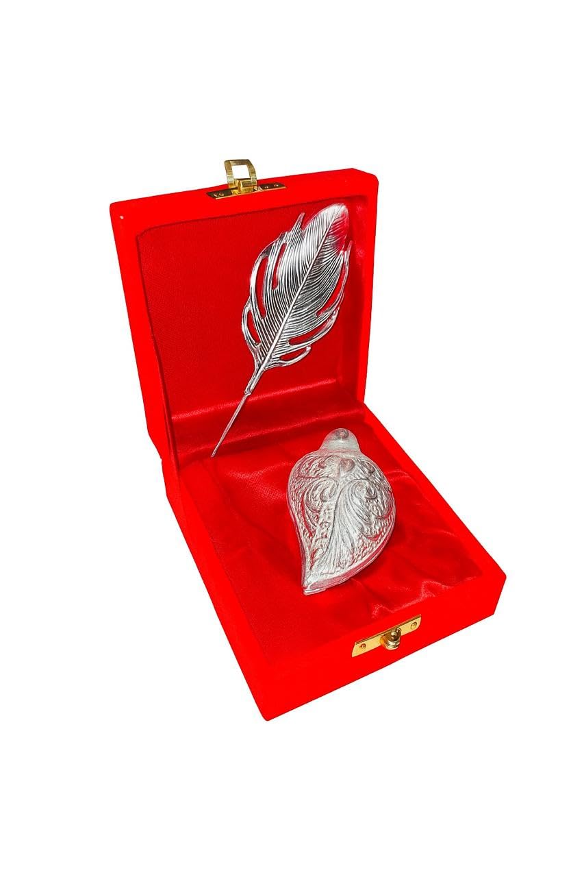 Silver feather and leaf designs in a red box on a white background