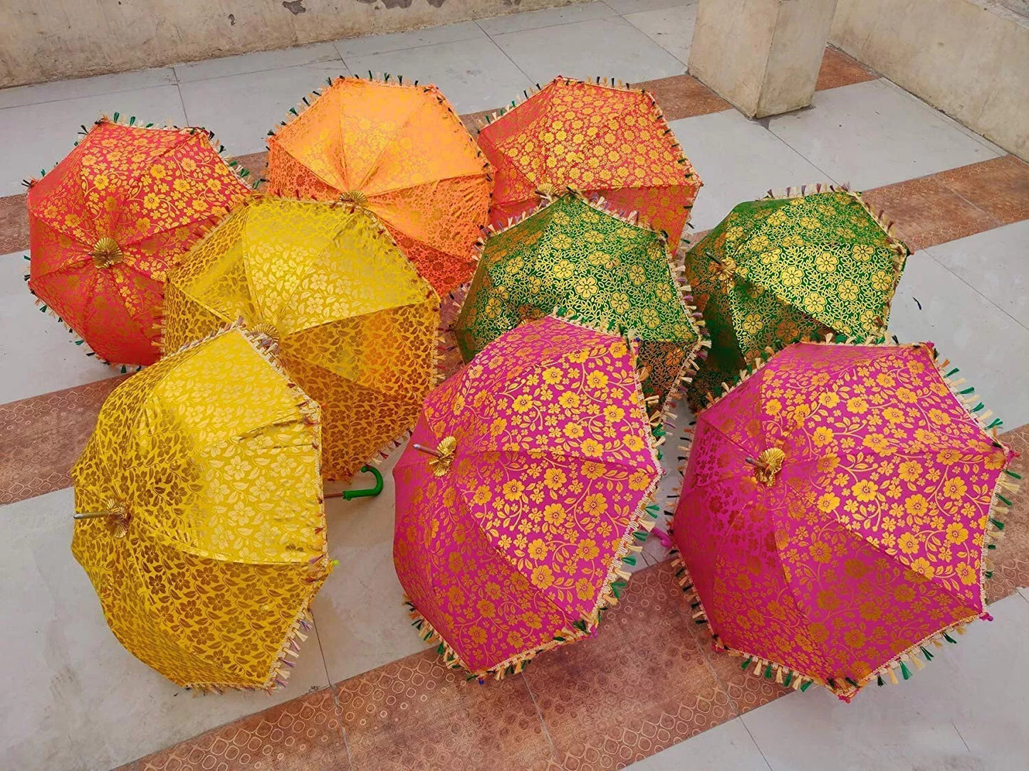 Gold Print Multicolor Umbrella Wedding Mehndi Sangeet Party Backdrop Decor Jagoo Dholki Event Decoration