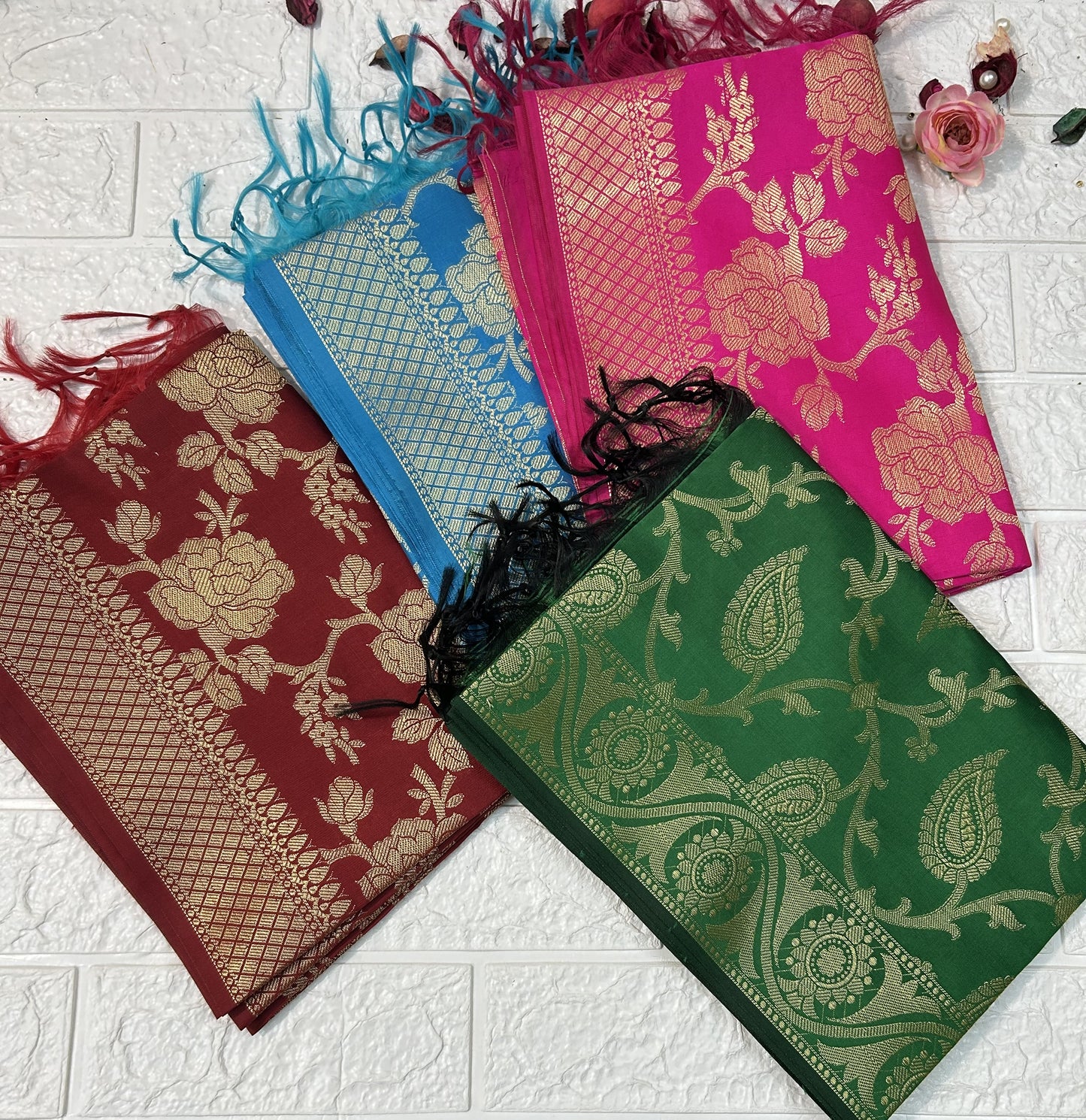 Colorful Banarasi Dupatta collection by DesiTohfa with intricate floral and paisley patterns in maroon, blue, pink, and green