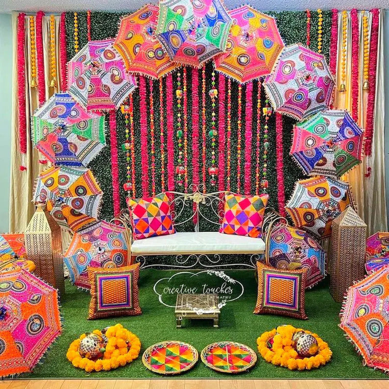 thumbnail image 2 of 10-Pack Indian Wedding Mehndi Decorative Umbrellas – Handmade Cotton With Mirror Work – Multicolor 2 of 4
