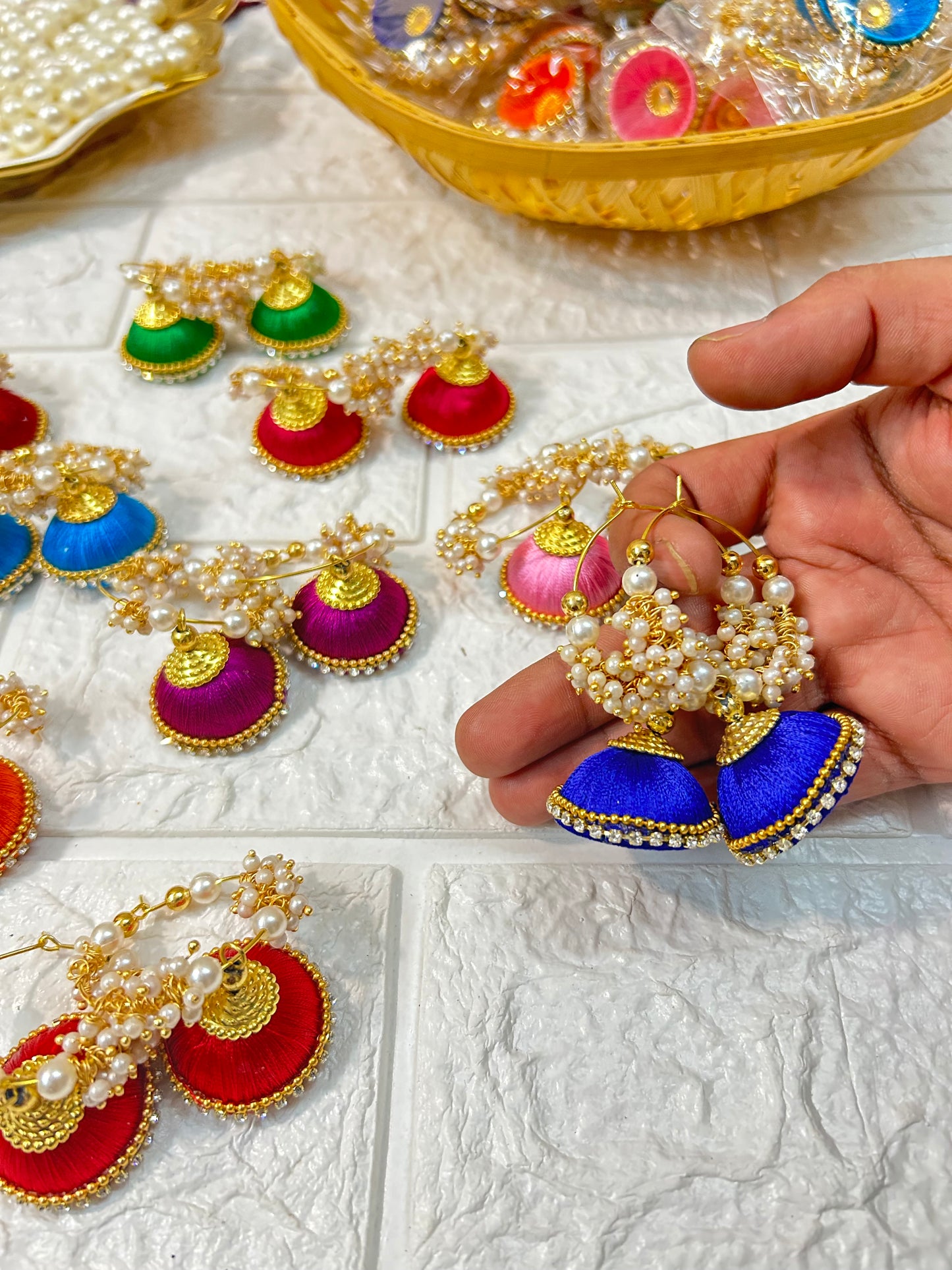 Silk Thread Jhumki Hoop Earrings Mehndi Favors, Sangeet Gift For Guests