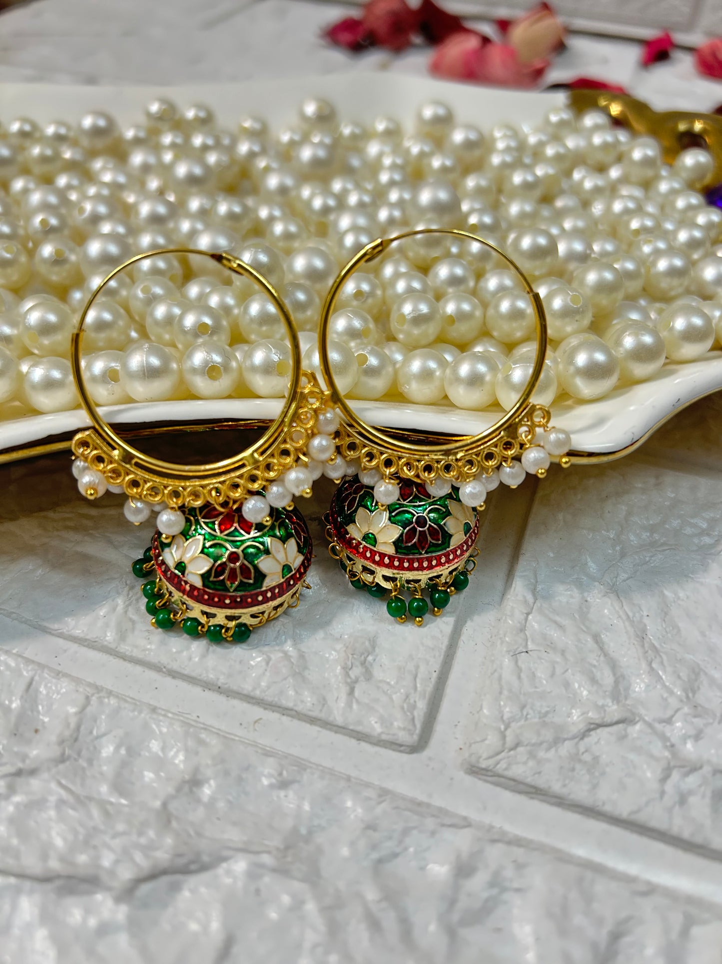 DesiTohfa Meenakari Jhumka earrings with intricate green and red floral design and pearl accents
