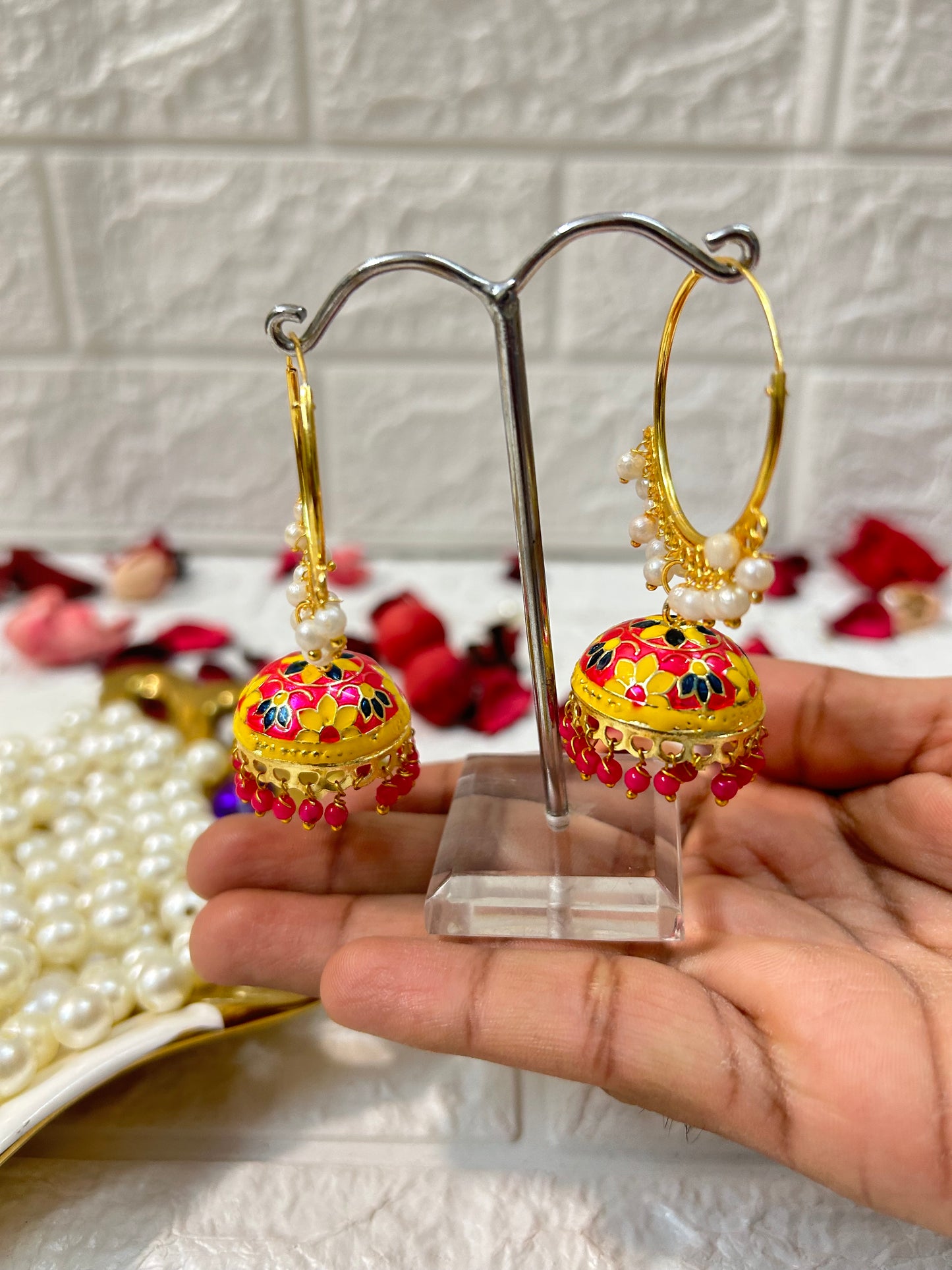 DesiTohfa Meenakari Jhumka earrings with intricate floral design and pearl embellishments
