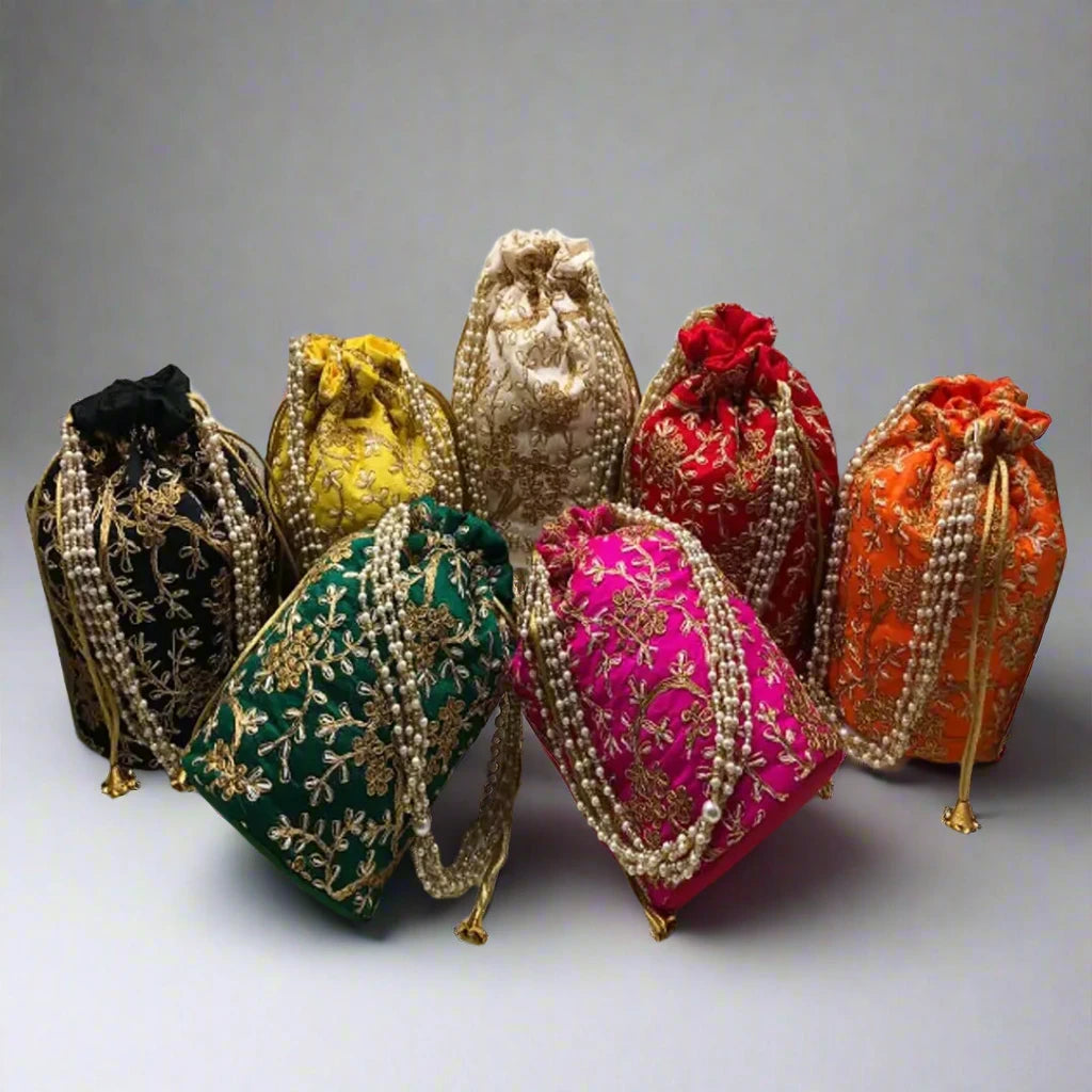 Set of Desi Tohfa Round Embroidered Potli Bags in various colors with intricate gold thread details