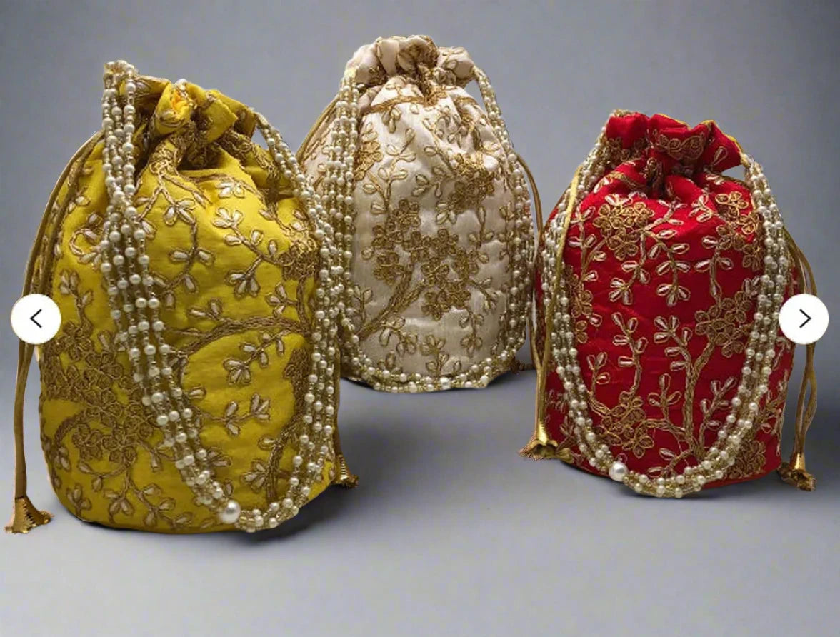 Desi Tohfa Round Embroidered Potli Bags in yellow white and red with pearl bead strings