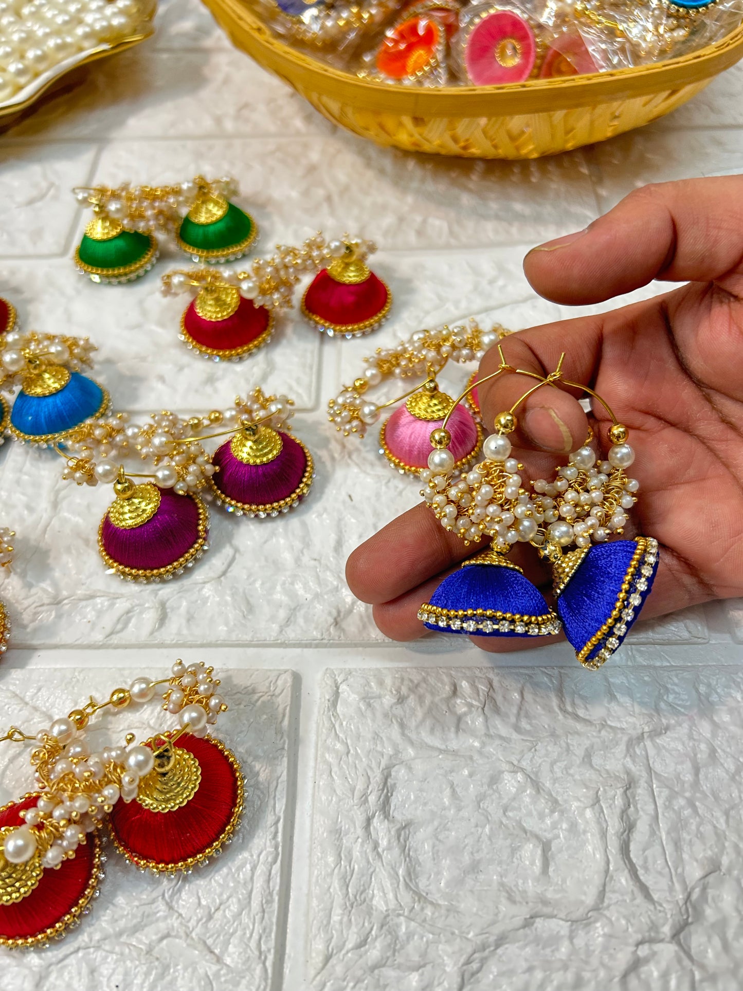 Silk Thread Jhumki Hoop Earrings Mehndi Favors, Sangeet Gift For Guests