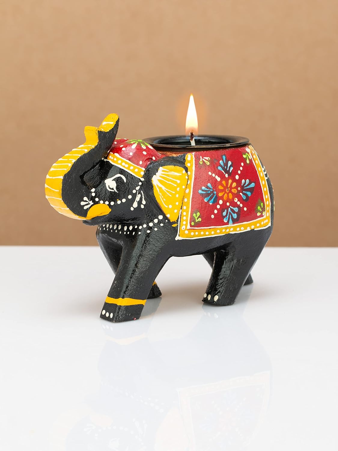 Wooden Hand Painted Elephant T-Light Candle Holder For Gifts