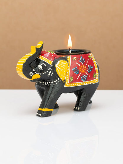 Wooden Hand Painted Elephant T-Light Candle Holder For Gifts