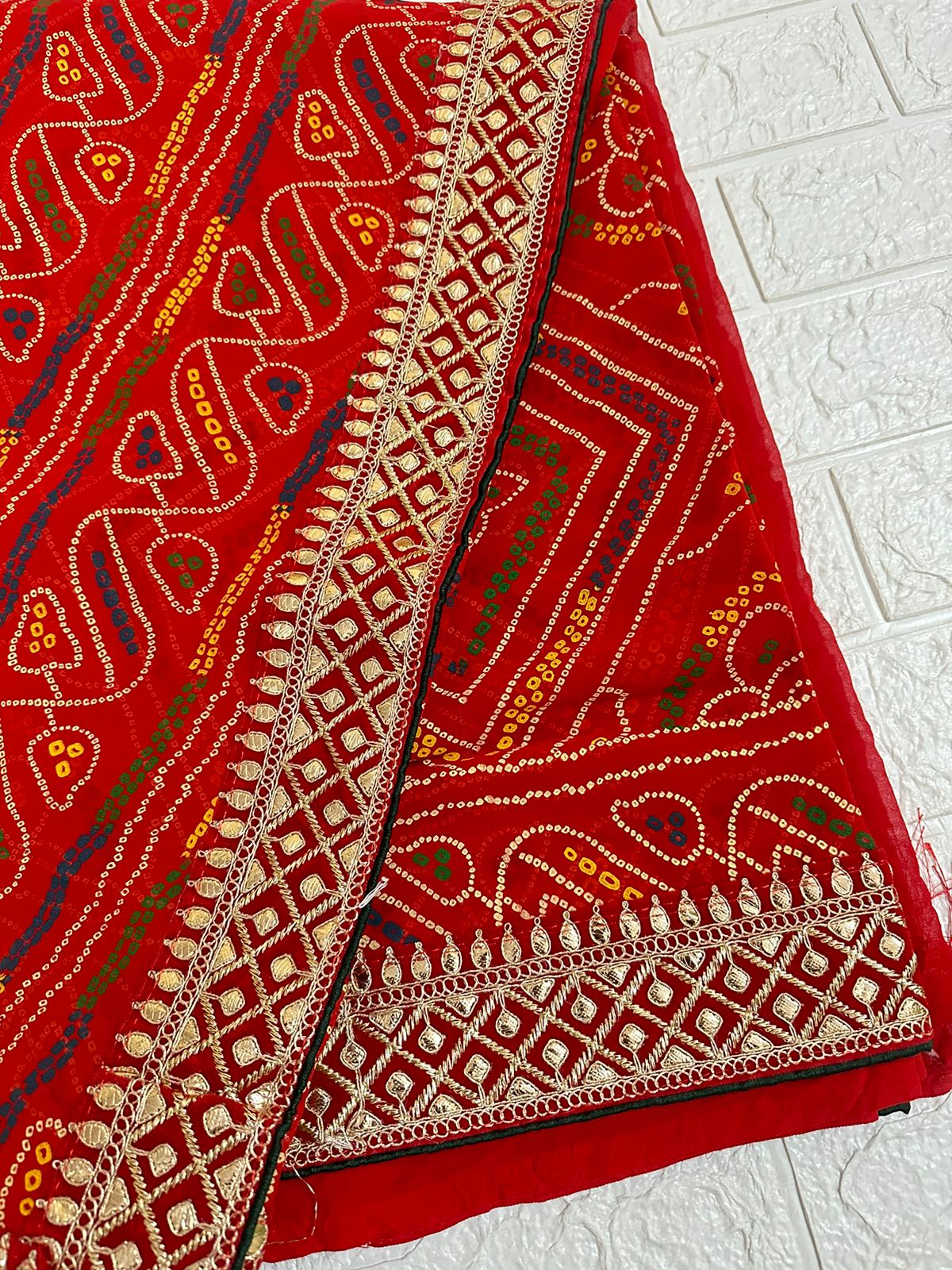 Traditional Bandhani Red Saree Puja Wear Saree