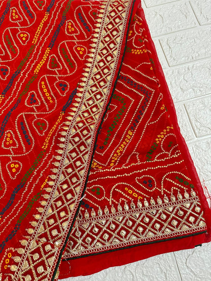Traditional Bandhani Red Saree Puja Wear Saree