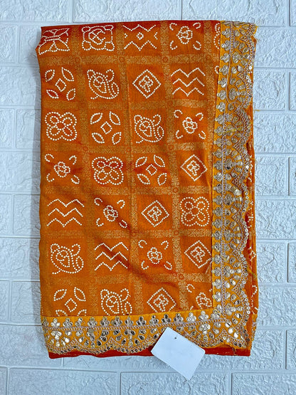 Traditional Bandhani Yellow Party Wear Saree