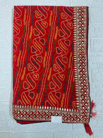 Traditional Bandhani Red Saree Gota Patti Border Party Wear Saree