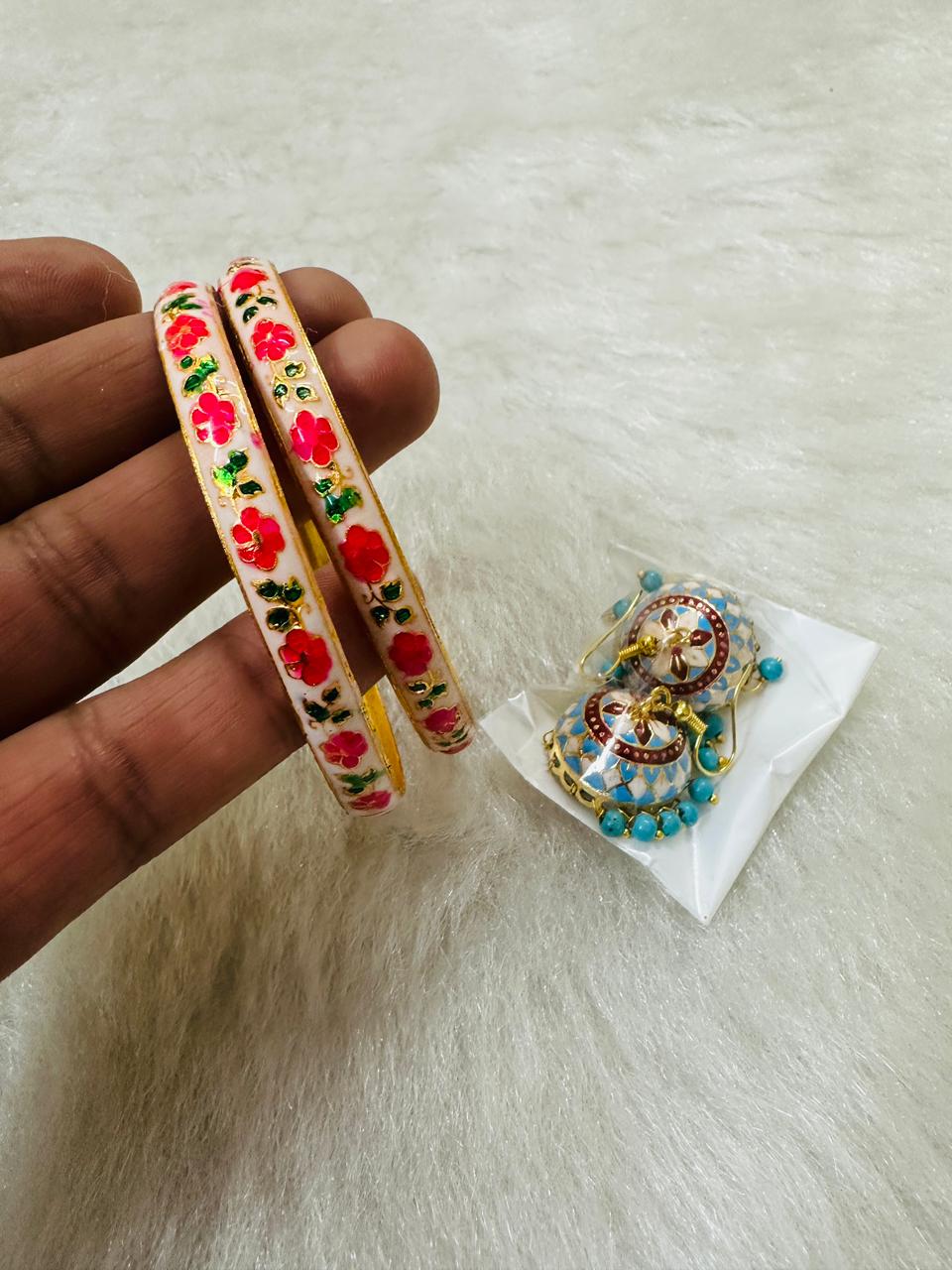 Hand-painted Meenakari bangles and earrings combo, perfect for mehndi, sangeet, haldi, dholki & nikkah functions. Elegant bridesmaid and wedding return gifts.