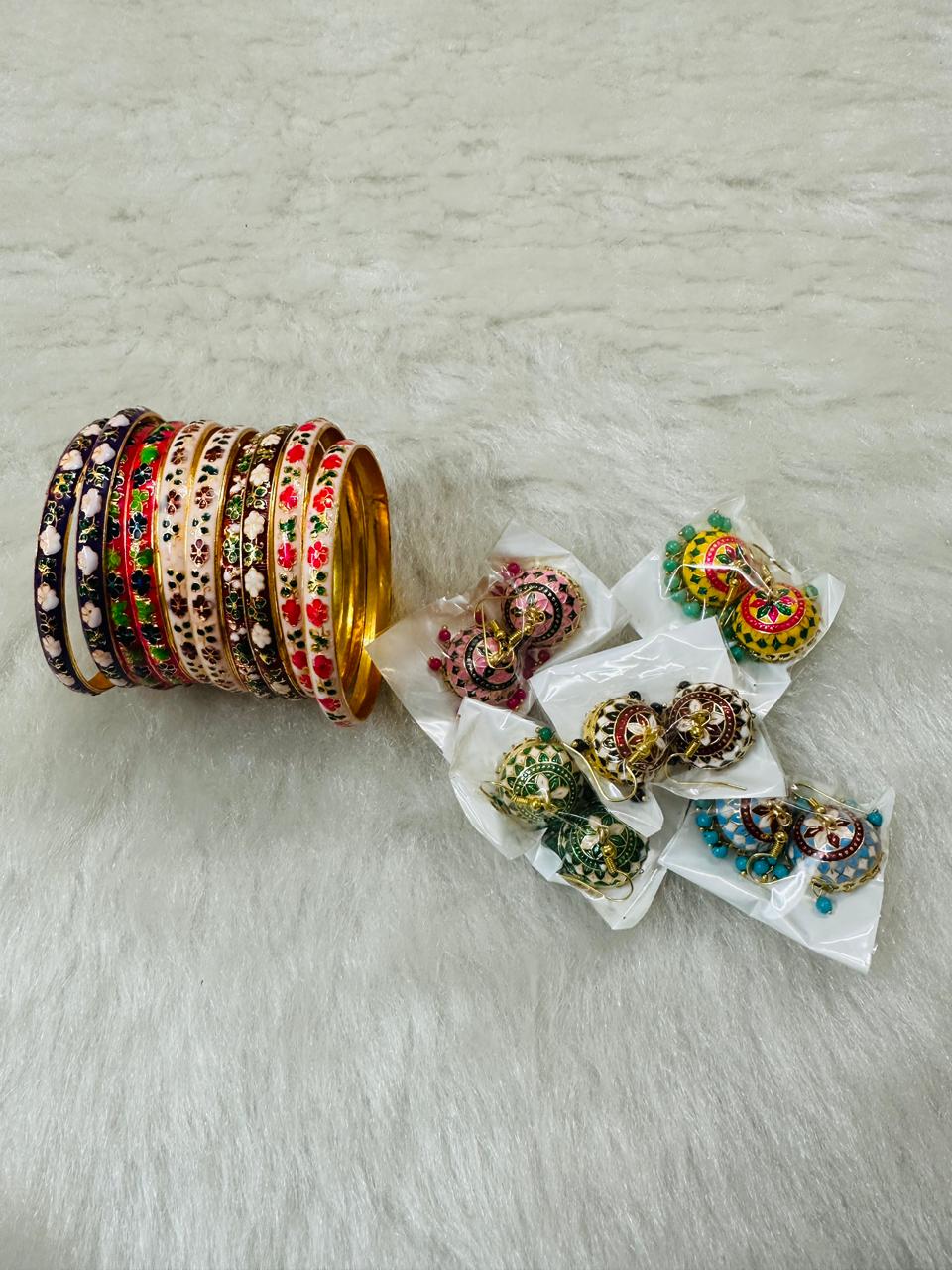 Hand-painted Meenakari bangles and earrings combo, perfect for mehndi, sangeet, haldi, dholki & nikkah functions. Elegant bridesmaid and wedding return gifts.