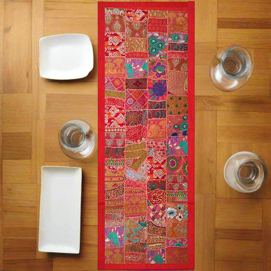 Red Embroidered Patchwork Tapestry Table runner