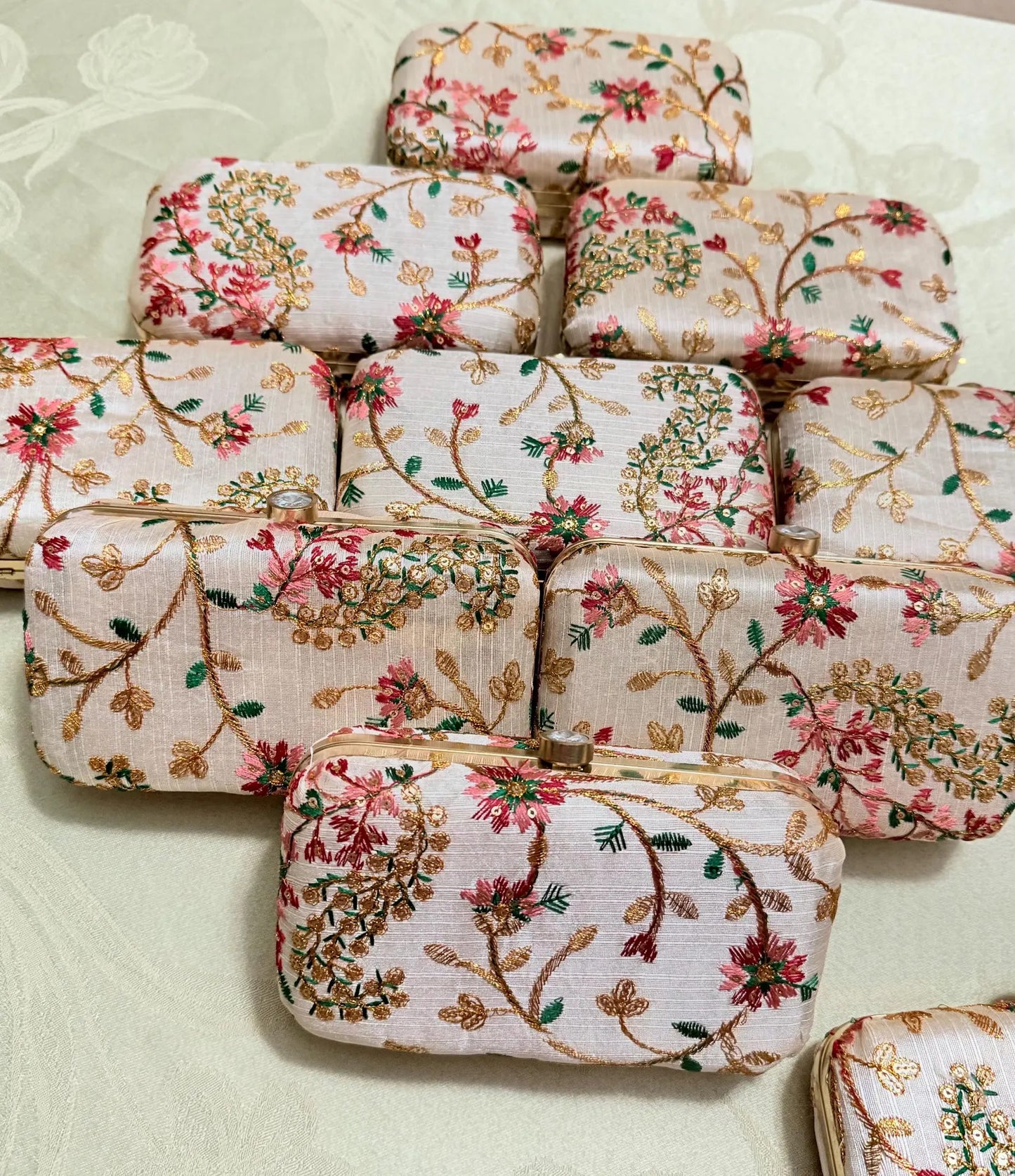 Elegant beige clutch Ideal for wedding favors, bridesmaid gifts & women’s return gifts.