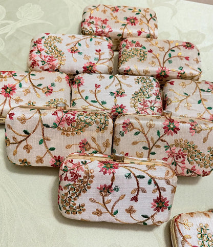 Elegant beige clutch Ideal for wedding favors, bridesmaid gifts & women’s return gifts.