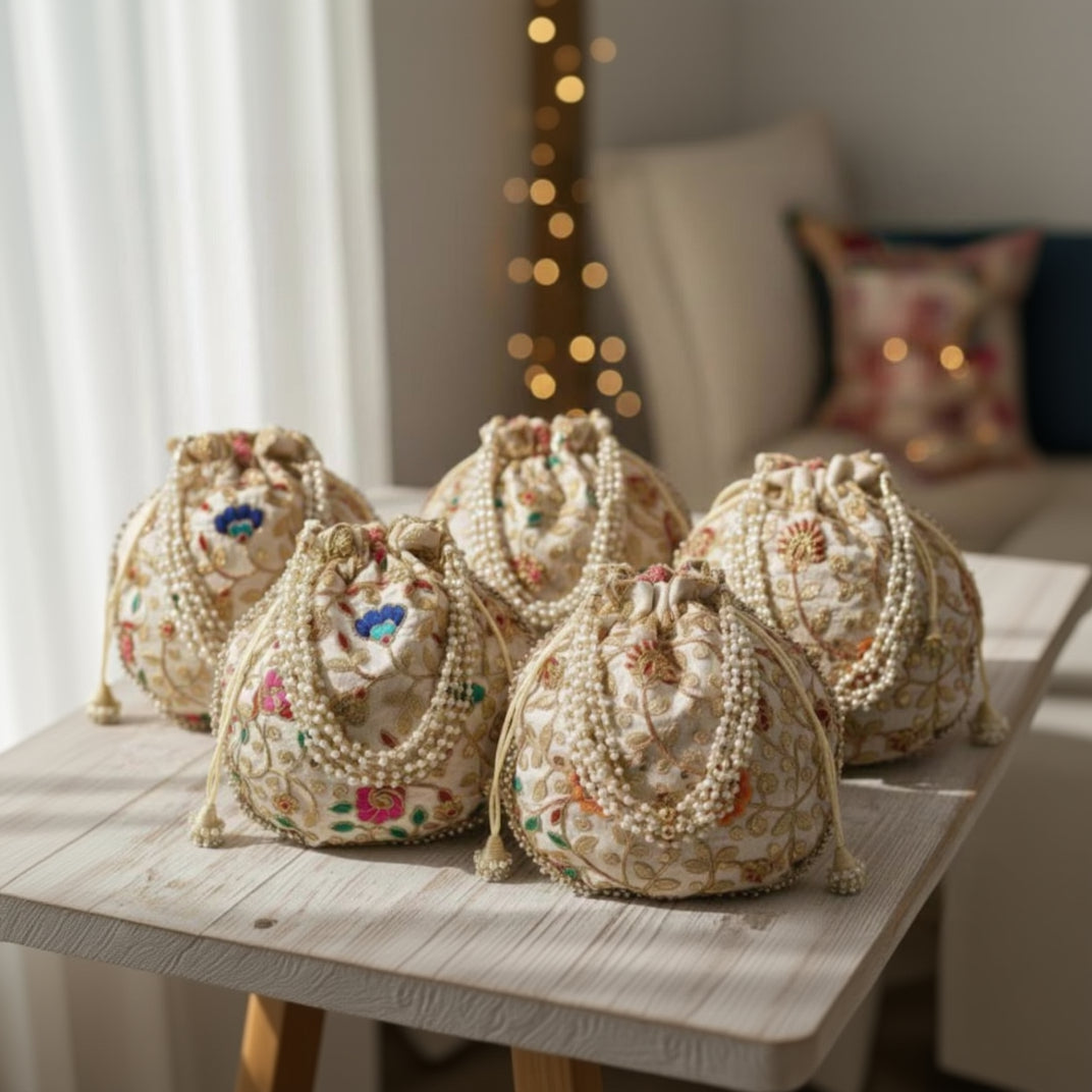 Beige Multicolor Embroidered Potli Bags For Gifts