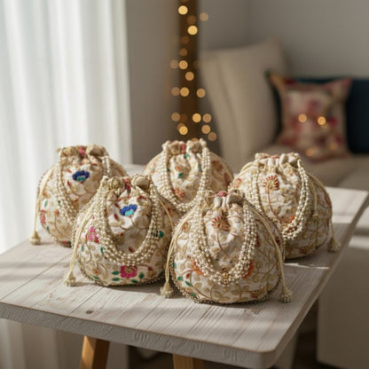 Beige Multicolor Embroidered Potli Bags For Gifts