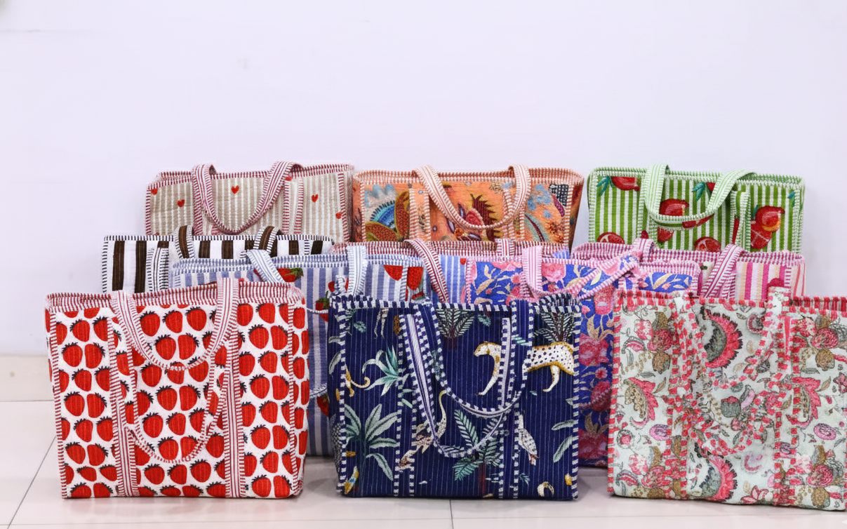 Cotton Quilted Tote Bag Floral Block Print, Boho Beach Bag, Bridesmaid Gifts