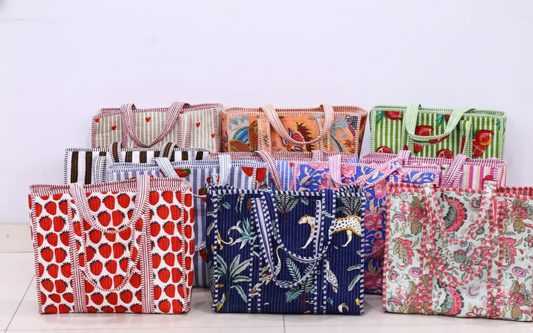 Cotton Quilted Tote Bag Floral Block Print, Boho Beach Bag, Bridesmaid Gifts