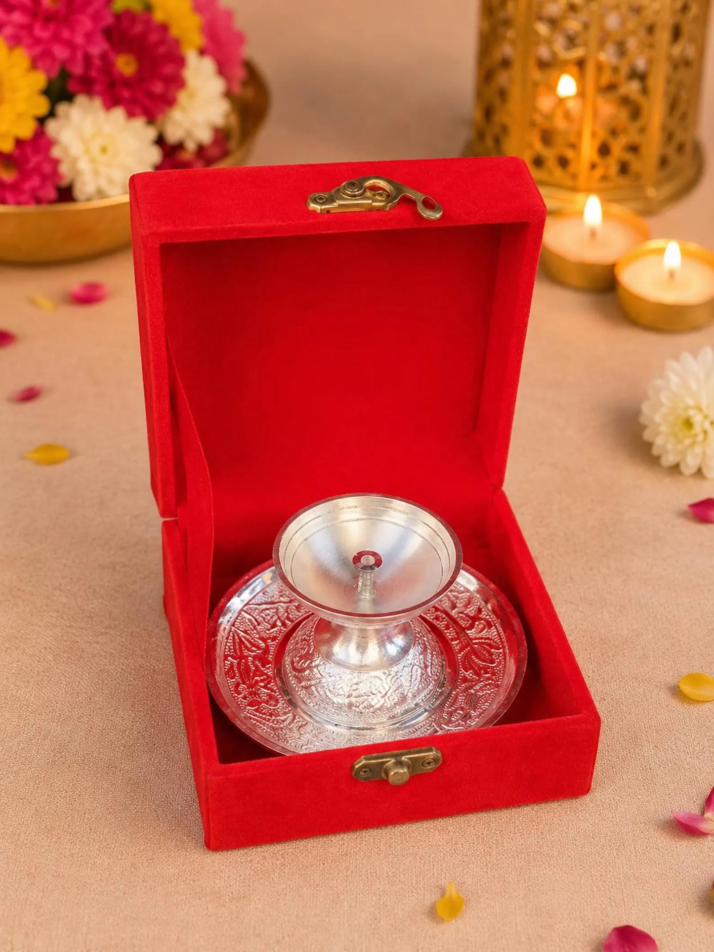 German Silver Diya With Plate For Wedding, Housewarming Return Gifts