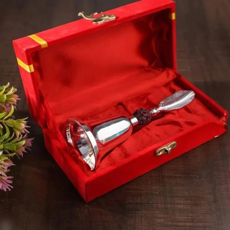 German silver puja bell Ideal for return gifts, housewarming, wedding favors & puja gifts.