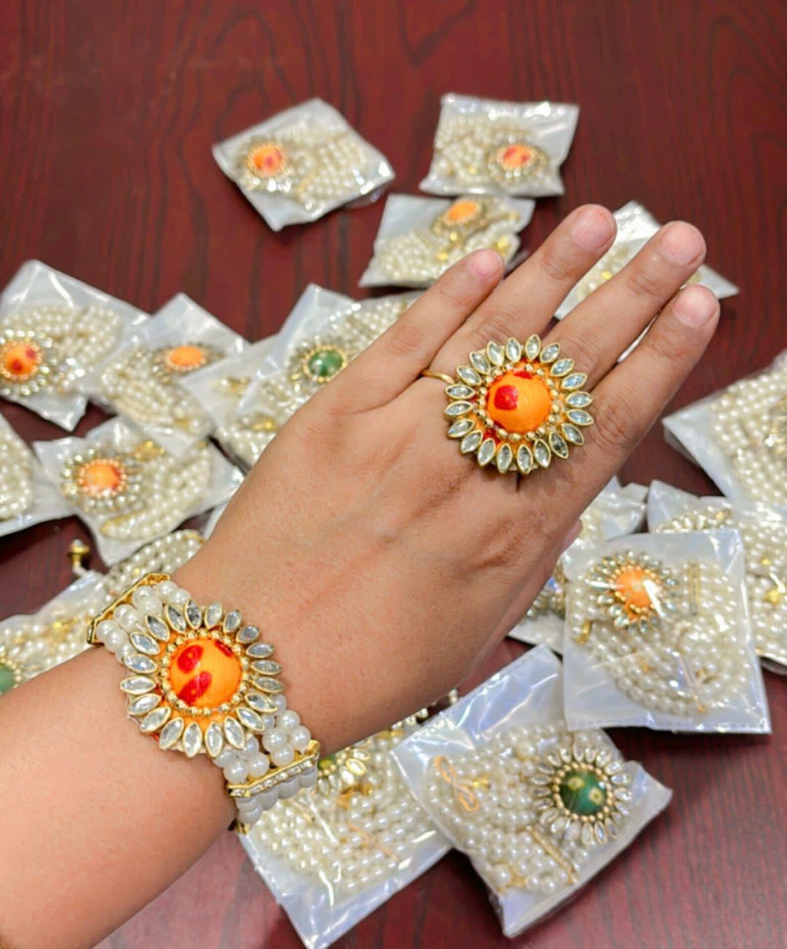 Bandhani Adjustable Bracelets & Ring Combo For Mehendi Sangeet Return Gifts